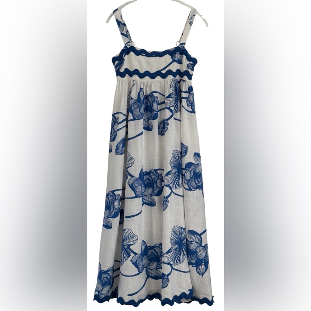 Blue White Floral Maxi Dress Linen Blend Boho Summer Sundress Pockets S
